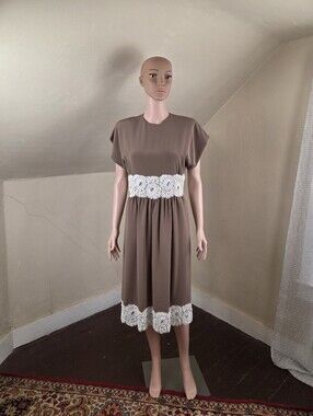 VTG William Pearson Brown Midi Dress Beaded Lace Trim Made USA Size 6 70s 80s